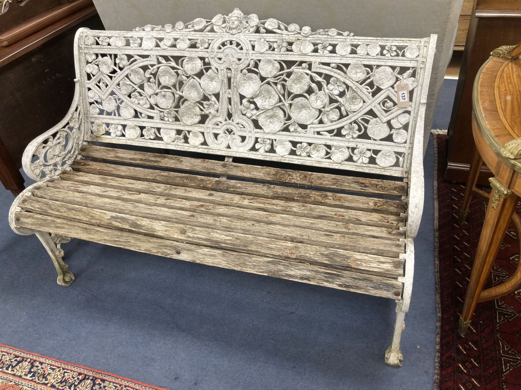 A Coalbrookdale style cast metal Nasturtium pattern garden bench, length 128cm, depth 65cm, height 88cm